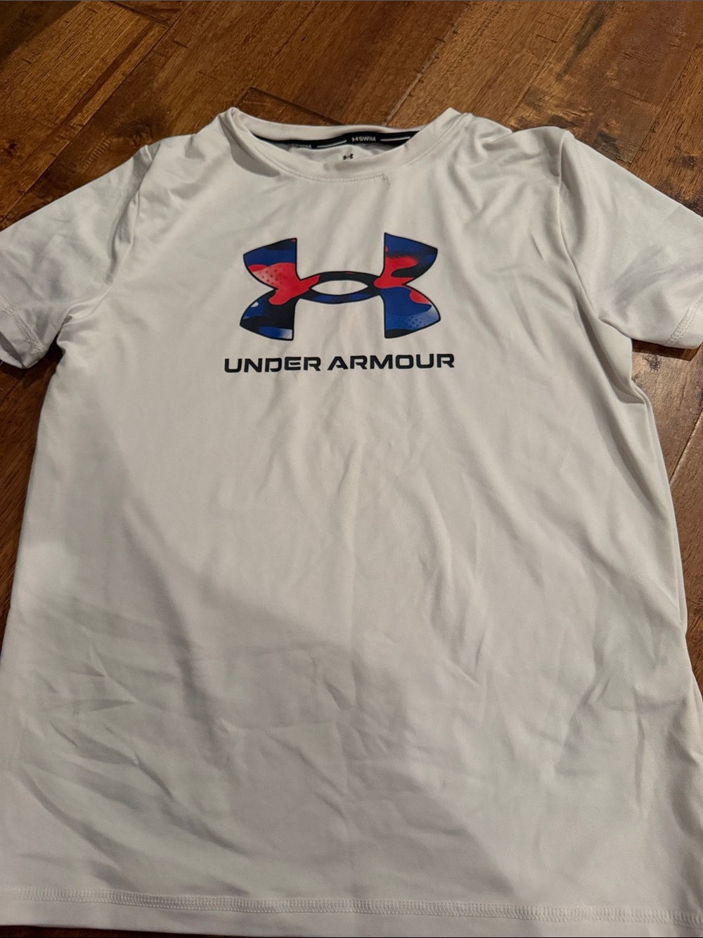 Under Armour White Swim Shirt with Blue & Red Logo - Kids